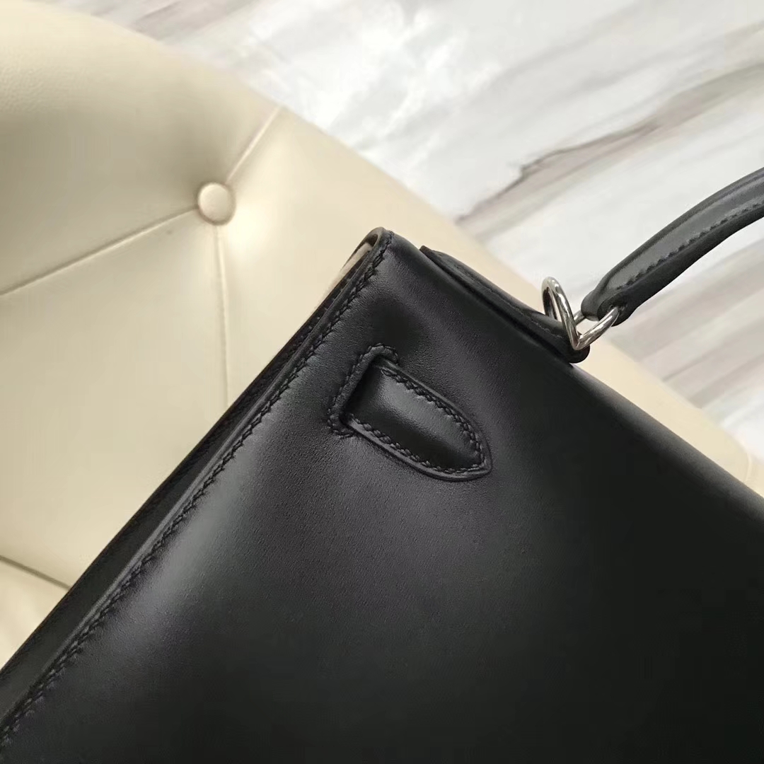 Discount Hermes Box Calf Kelly Bag28CM in CK89 Black Gold/Silver Hardware