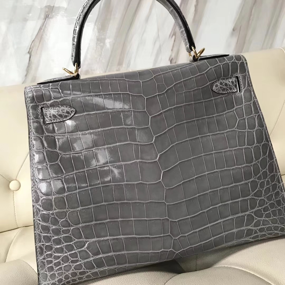 Noble Hermes Shiny Nilo Crocodile Kelly Bag28CM in 8U Blue Glacier Gold Hardware