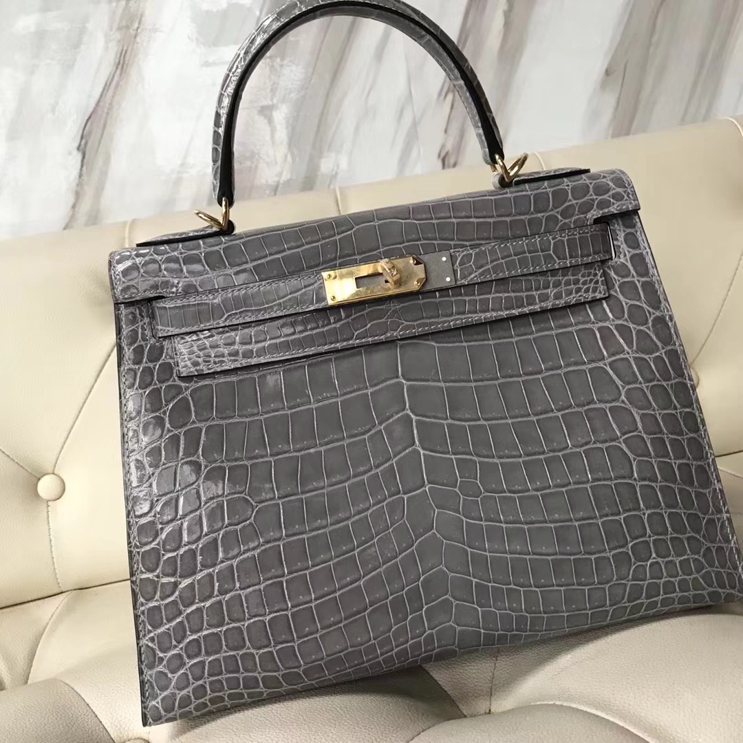 Noble Hermes Shiny Nilo Crocodile Kelly Bag28CM in 8U Blue Glacier Gold Hardware