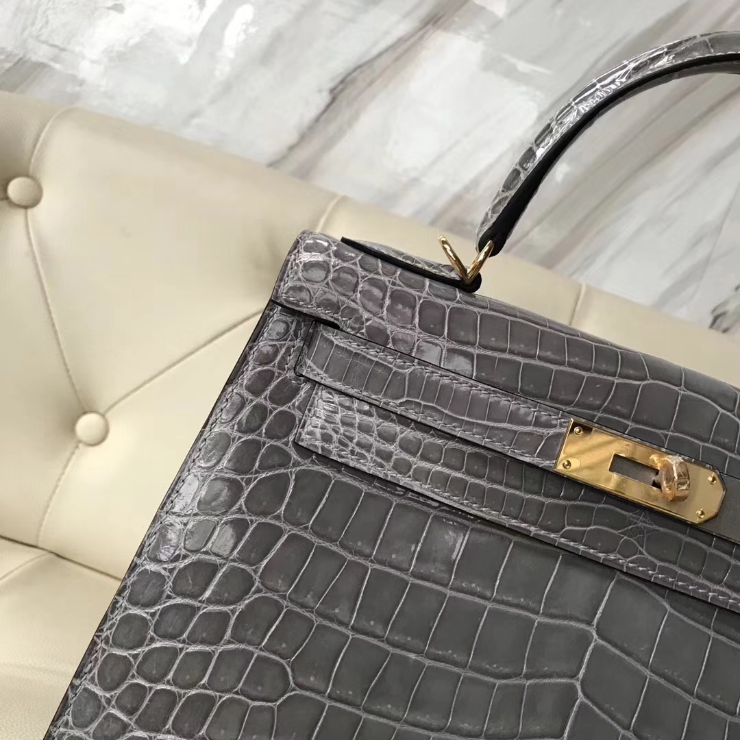 Noble Hermes Shiny Nilo Crocodile Kelly Bag28CM in 8U Blue Glacier Gold Hardware