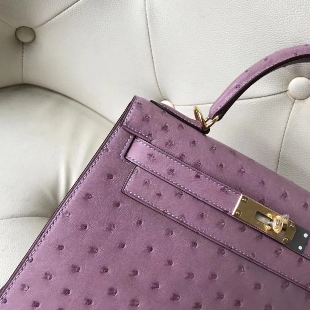 Pretty Hermes Lavender Purple Ostrich Leather Kelly Bag28CM Gold Hardware