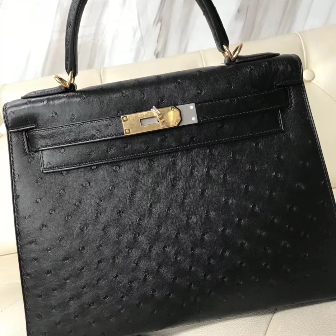 Discount Hermes Ostrich Leather Kelly Bag28CM in CK89 Black Gold Hardware