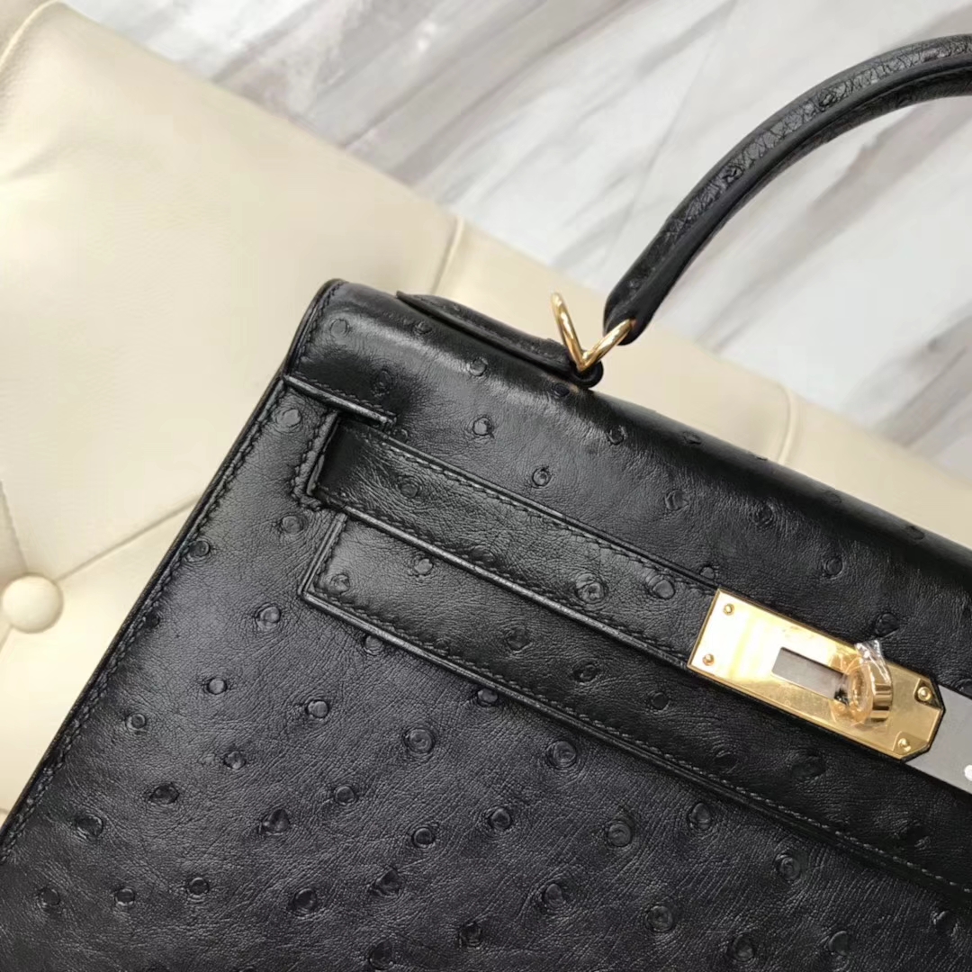 Discount Hermes Ostrich Leather Kelly Bag28CM in CK89 Black Gold Hardware