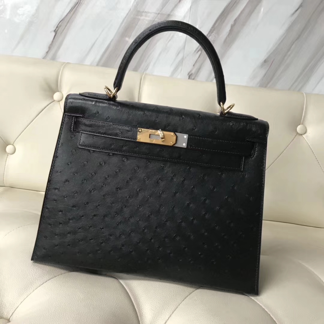 Discount Hermes Ostrich Leather Kelly Bag28CM in CK89 Black Gold Hardware