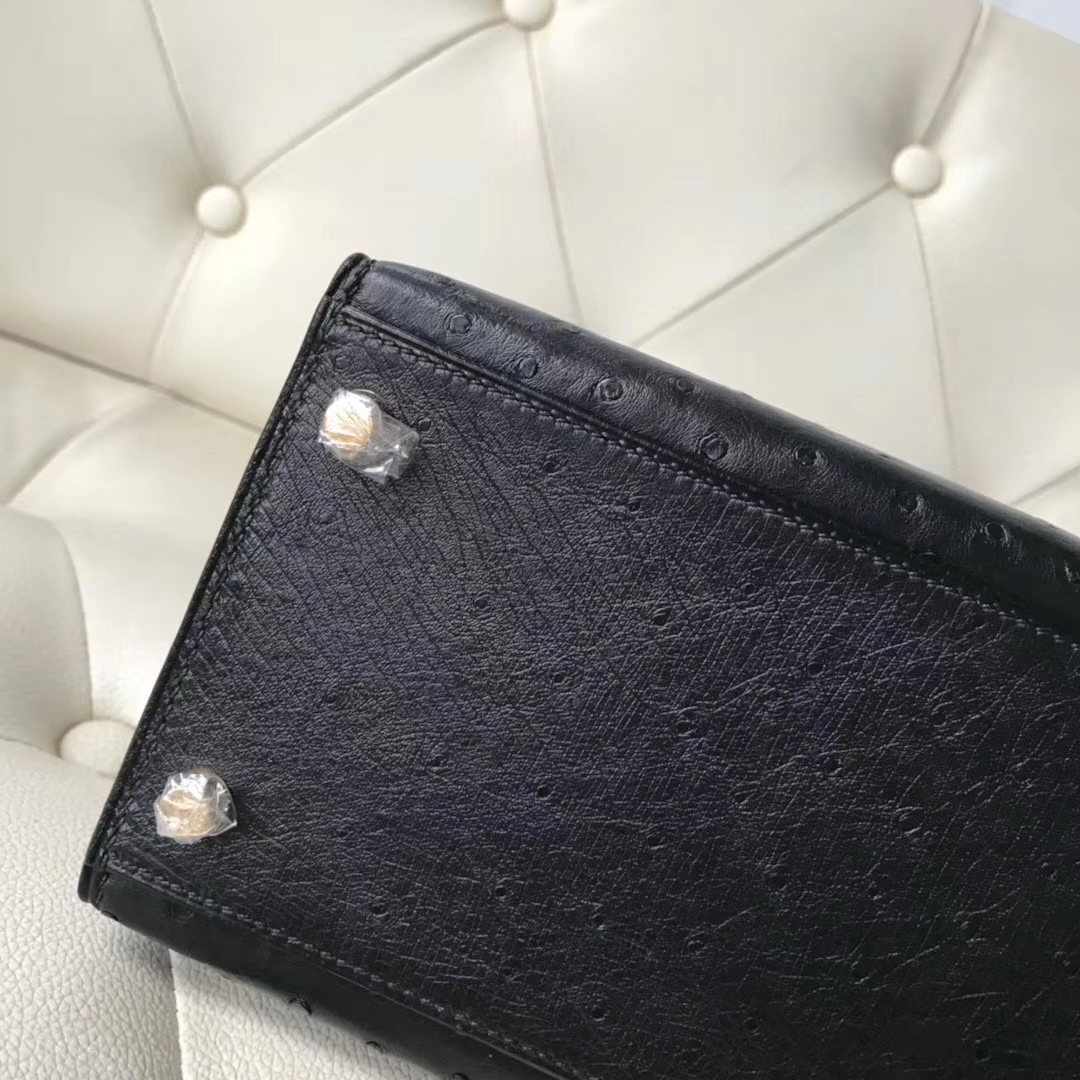 Discount Hermes Ostrich Leather Kelly Bag28CM in CK89 Black Gold Hardware