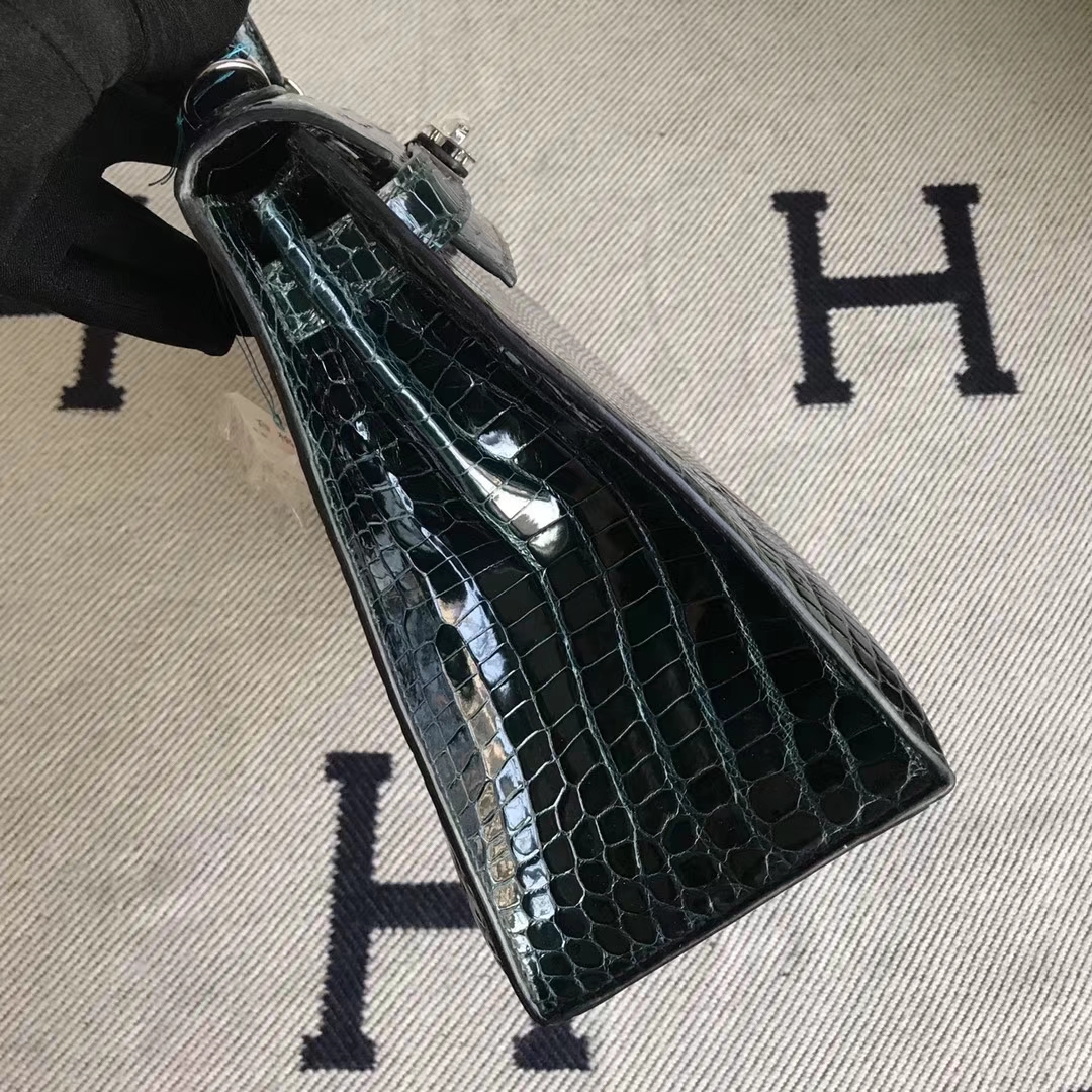 Noble Hermes Shiny Porosus Crocodile Kelly28CM Bag in 1P Blue Colvert Silver Hardware
