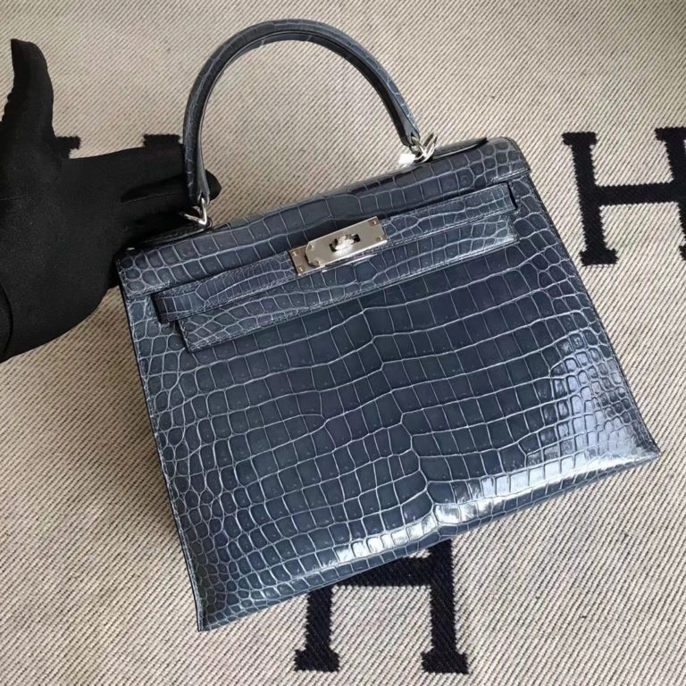 Hermes N7 Blue Tempete Shiny Crocodile Leather Kelly 28CM Bag Silver Hardware