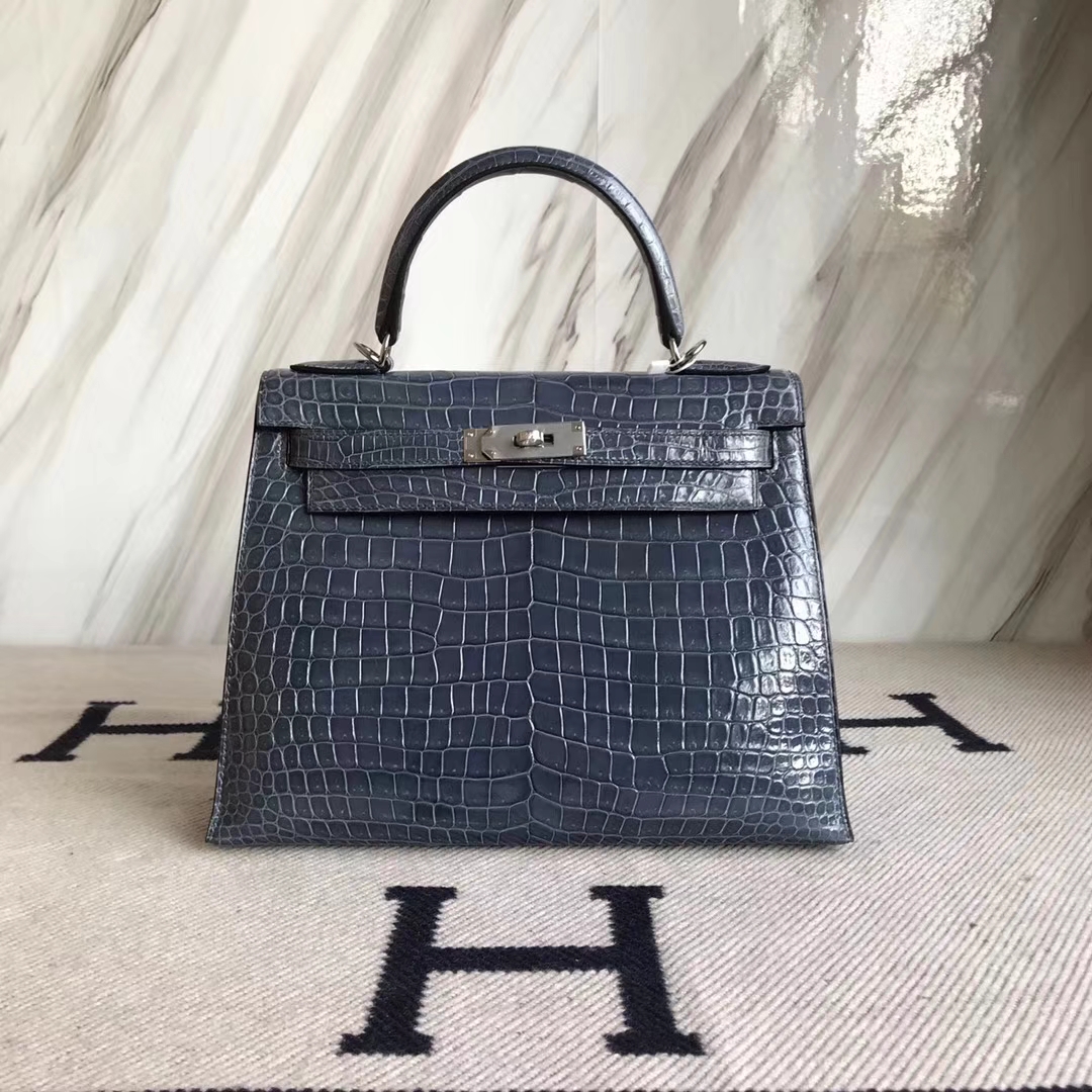 Fashion Hermes N7 Blue Tempete Shiny Crocodile Leather Kelly28CM Bag Silver Hardware