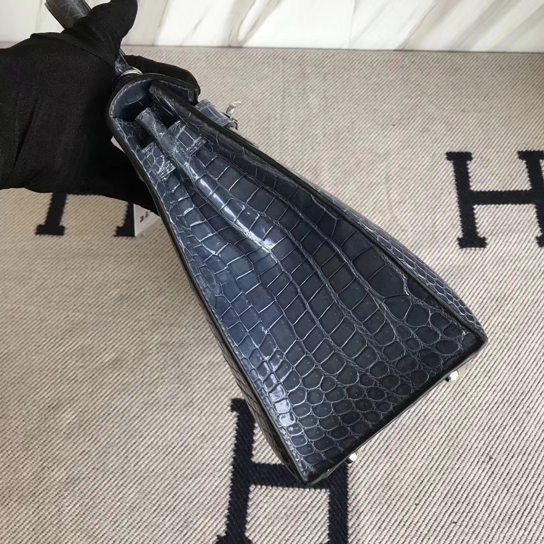 Fashion Hermes N7 Blue Tempete Shiny Crocodile Leather Kelly28CM Bag Silver Hardware