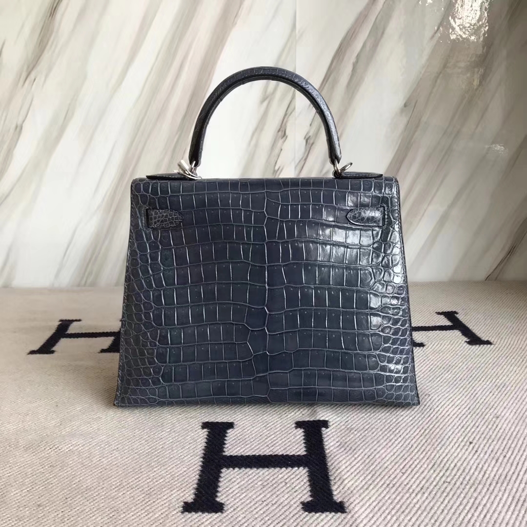 Fashion Hermes N7 Blue Tempete Shiny Crocodile Leather Kelly28CM Bag Silver Hardware