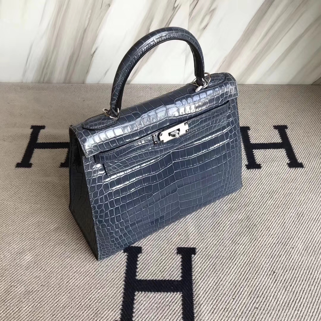 Fashion Hermes N7 Blue Tempete Shiny Crocodile Leather Kelly28CM Bag Silver Hardware