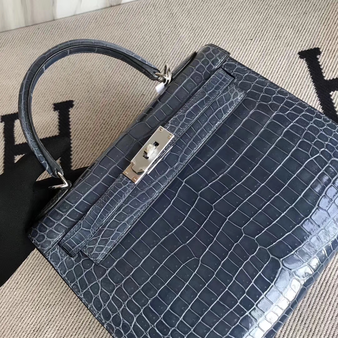 Fashion Hermes N7 Blue Tempete Shiny Crocodile Leather Kelly28CM Bag Silver Hardware