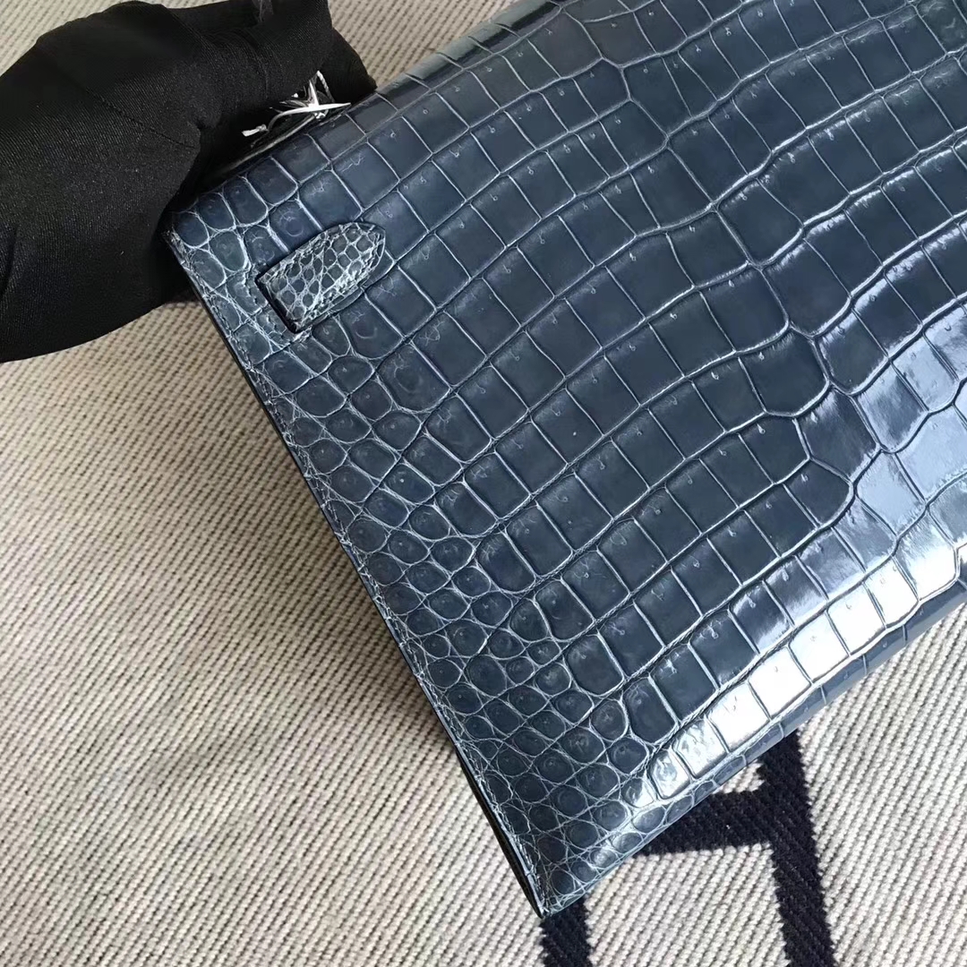 Fashion Hermes N7 Blue Tempete Shiny Crocodile Leather Kelly28CM Bag Silver Hardware