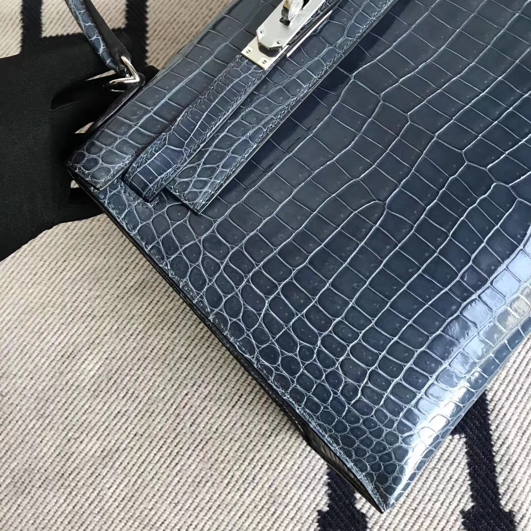 Fashion Hermes N7 Blue Tempete Shiny Crocodile Leather Kelly28CM Bag Silver Hardware