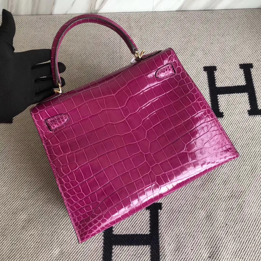 Pretty Hermes J5 Rose Scheherazade Shiny Porosus Crocodile Kelly Bag28CM Gold Hardware