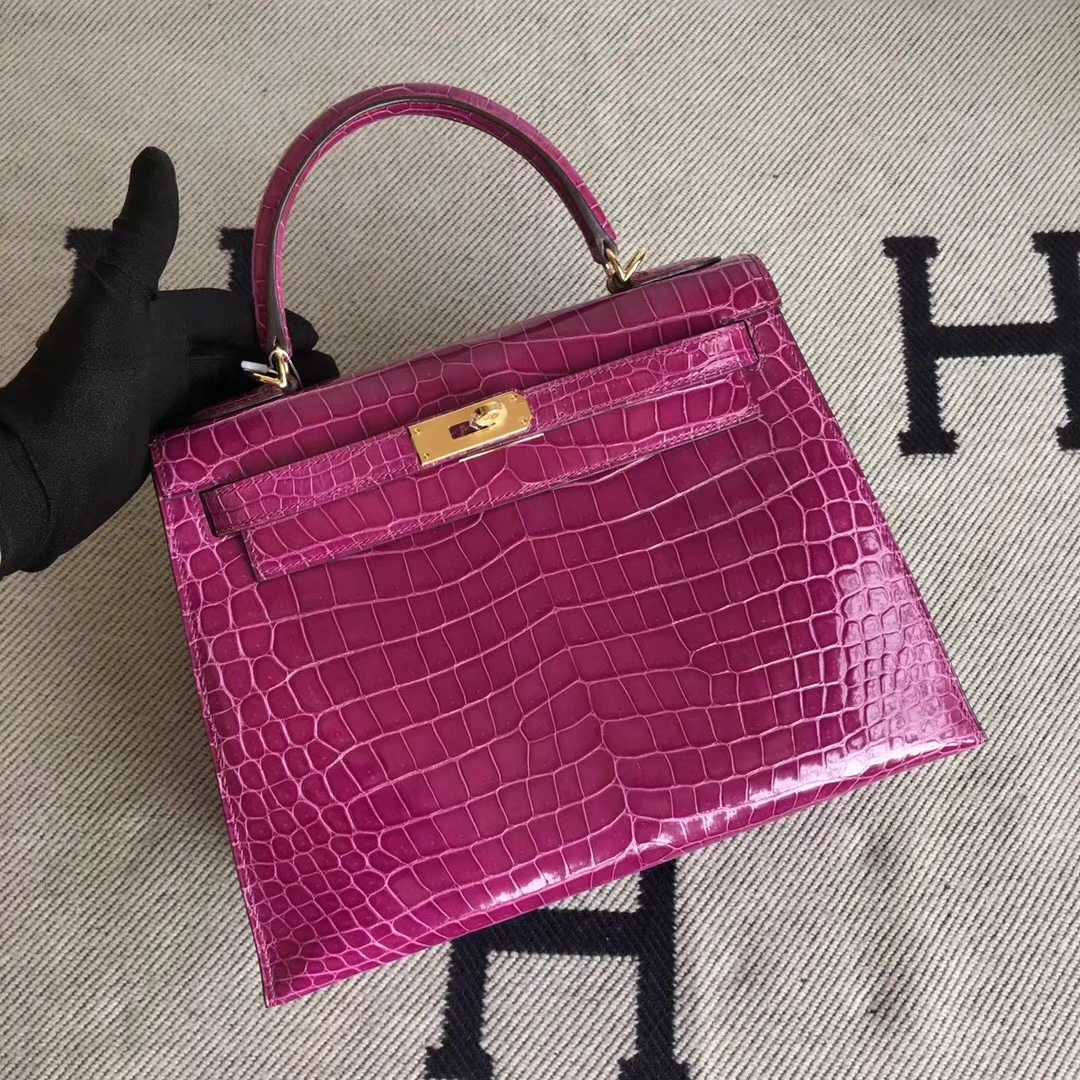 Pretty Hermes J5 Rose Scheherazade Shiny Porosus Crocodile Kelly Bag28CM Gold Hardware