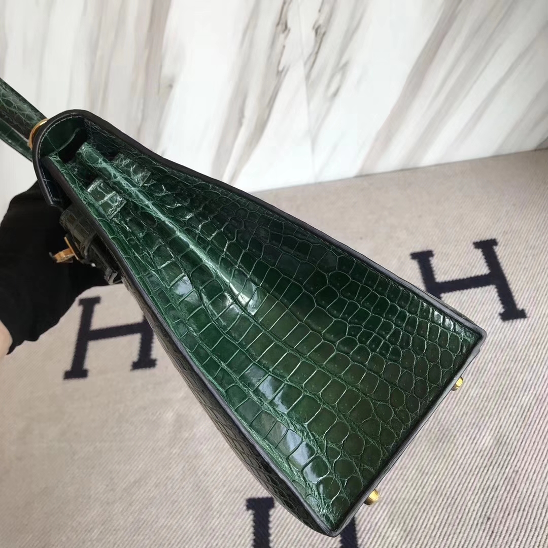 Fashion Hermes Shiny Porosus Crocodile Kelly Bag28CM in CK67 Vert Fonce Gold Hardware