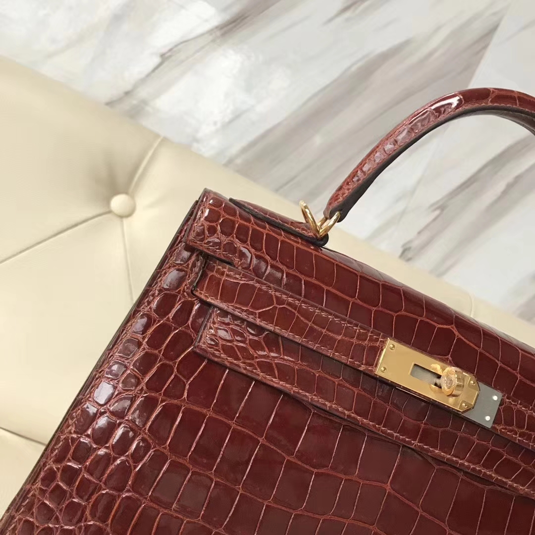 Luxury Hermes Shiny Porosus Crocodile Kelly28CM Bag Gold Hardware