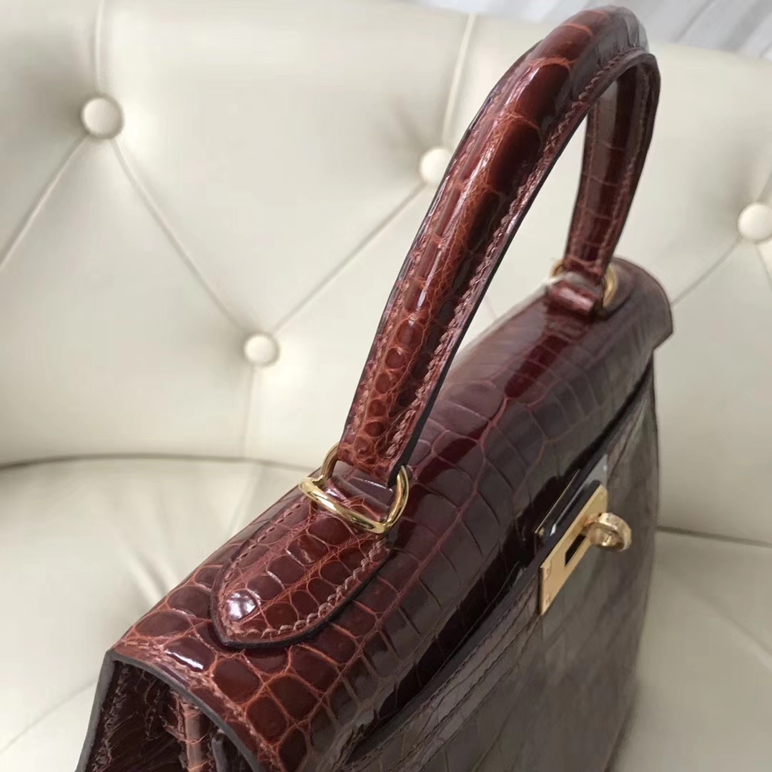 Luxury Hermes Shiny Porosus Crocodile Kelly28CM Bag Gold Hardware