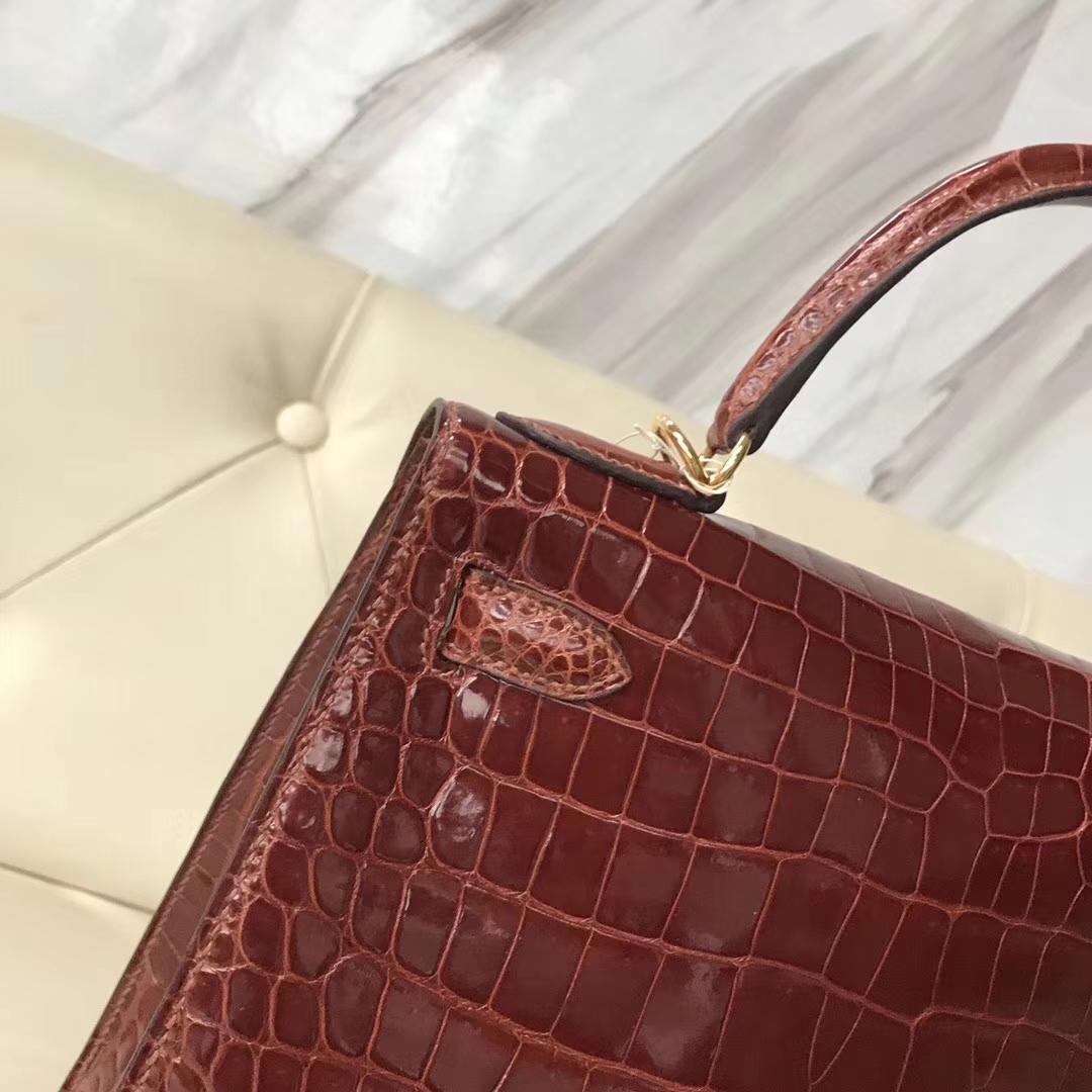 Luxury Hermes Shiny Porosus Crocodile Kelly28CM Bag Gold Hardware