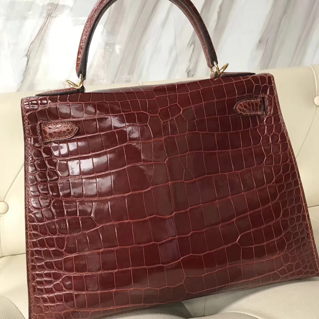 Luxury Hermes Shiny Porosus Crocodile Kelly28CM Bag Gold Hardware