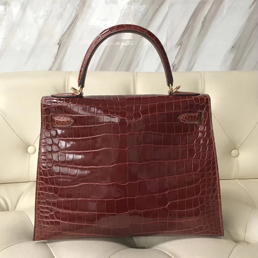 Luxury Hermes Shiny Porosus Crocodile Kelly28CM Bag Gold Hardware