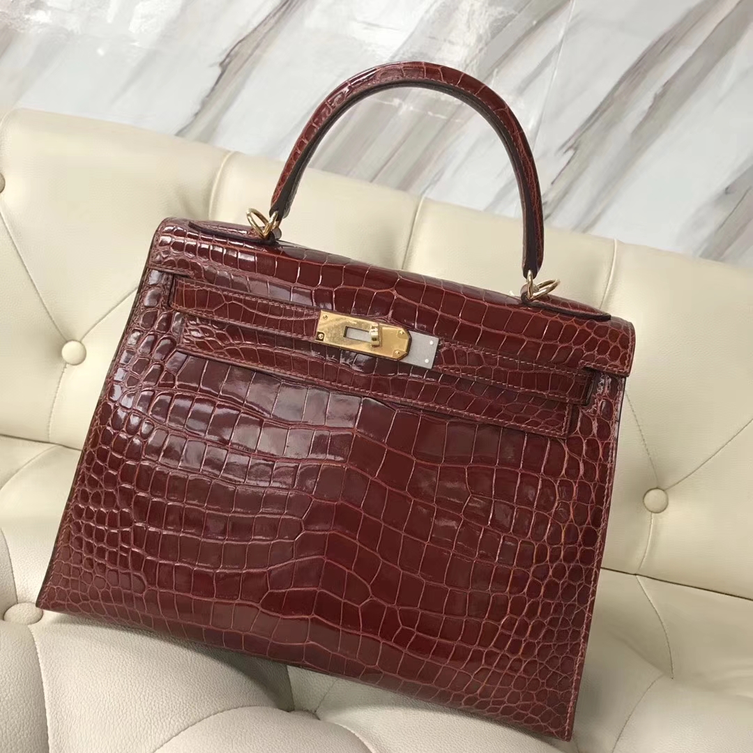 Luxury Hermes Shiny Porosus Crocodile Kelly28CM Bag Gold Hardware