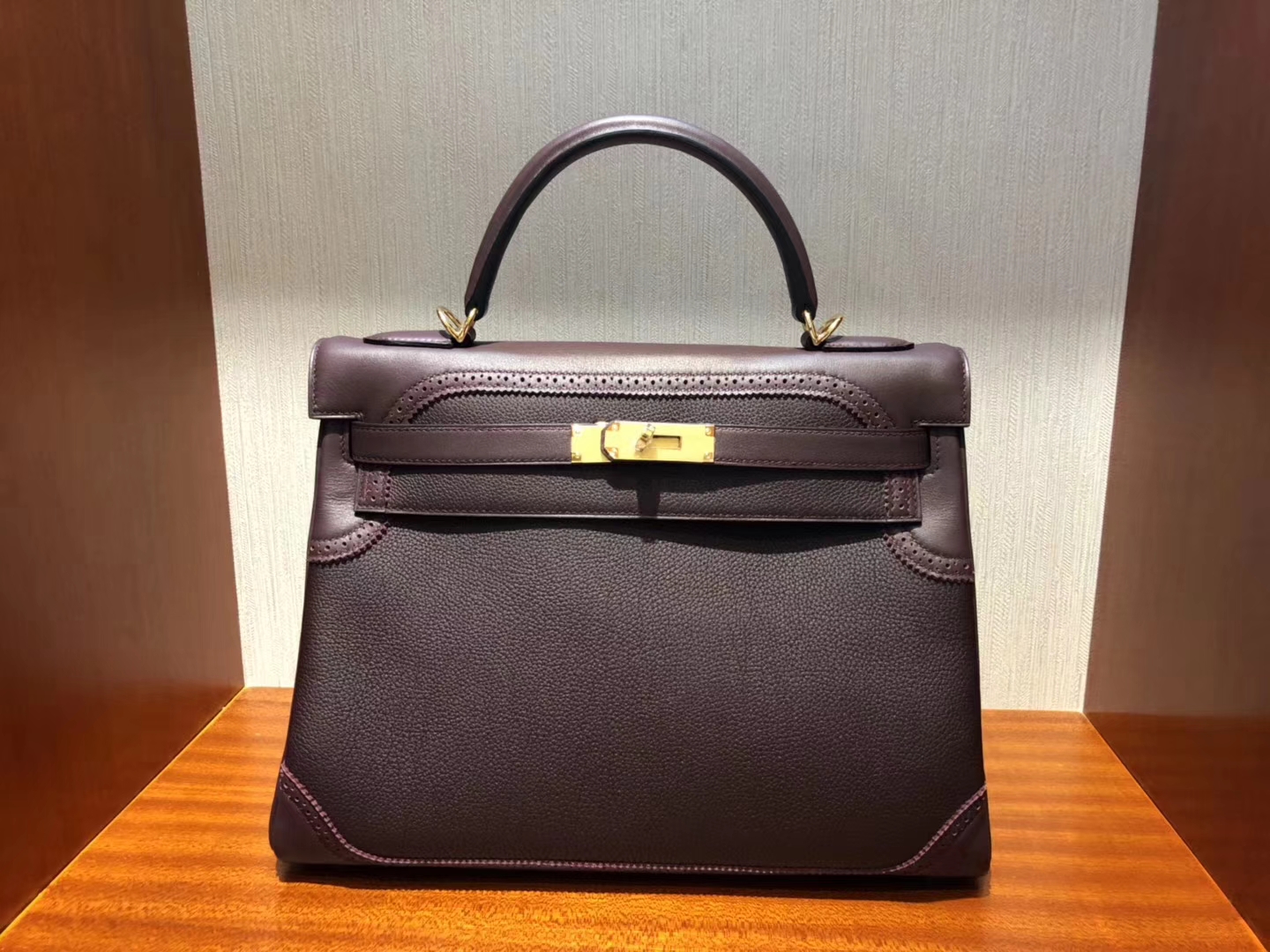 Fashion Hermes CK57 Bordeaux Red Togo Calf Ghillies Kelly Bag28CM Gold Hardware