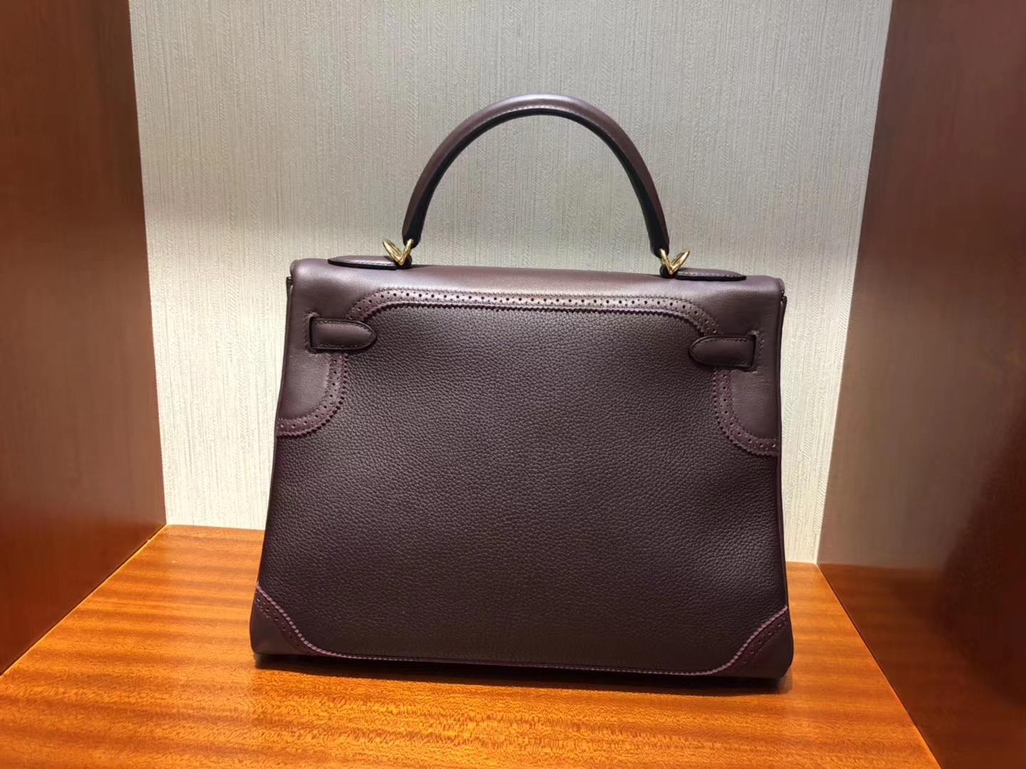 Fashion Hermes CK57 Bordeaux Red Togo Calf Ghillies Kelly Bag28CM Gold Hardware