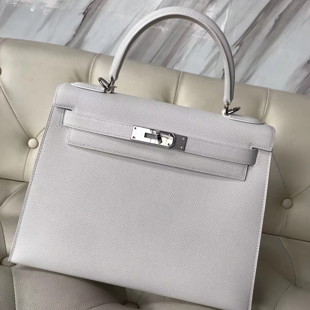 Discount Hermes Epsom Calf Sellier Kelly Bag28M in 01 White Silver Hardware