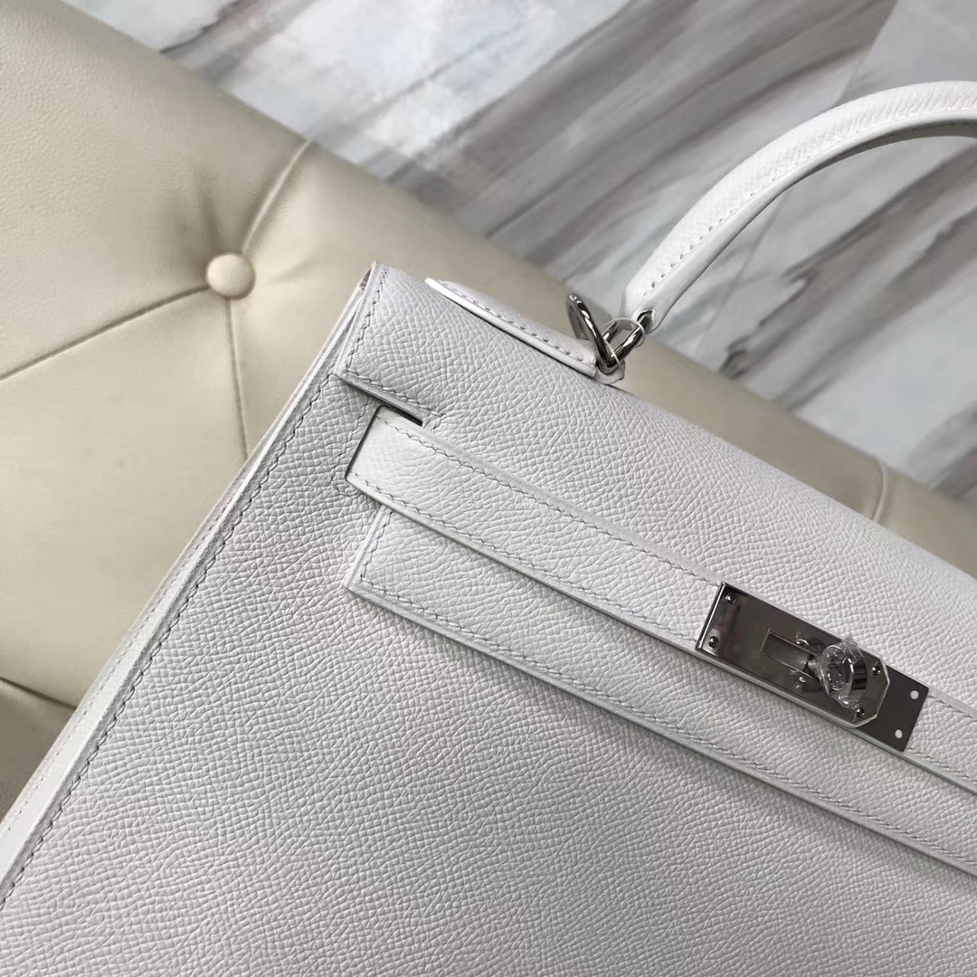 Discount Hermes Epsom Calf Sellier Kelly Bag28M in 01 White Silver Hardware