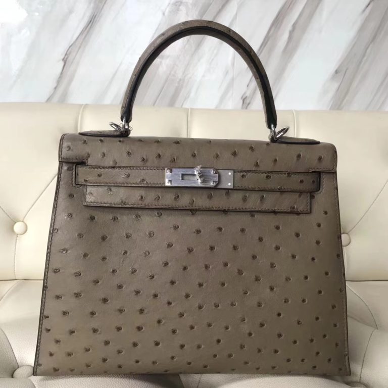 Hermes Ostrich Leather Sellier Kelly 28CM Bag in Grey Silver Hardware