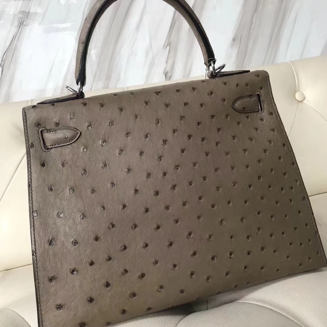 Fashion Hermes Ostrich Leather Sellier Kelly28CM Bag in Grey Silver Hardware