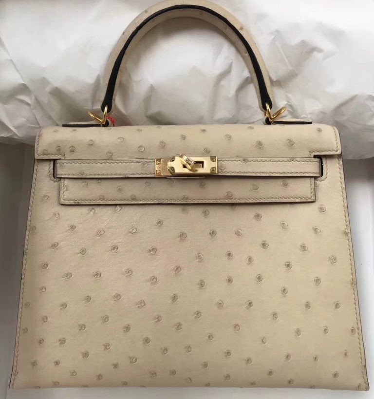Hand Stitching Hermes 3C Wool White Ostrich Leather Kelly Bag 28CM Gold Hardware