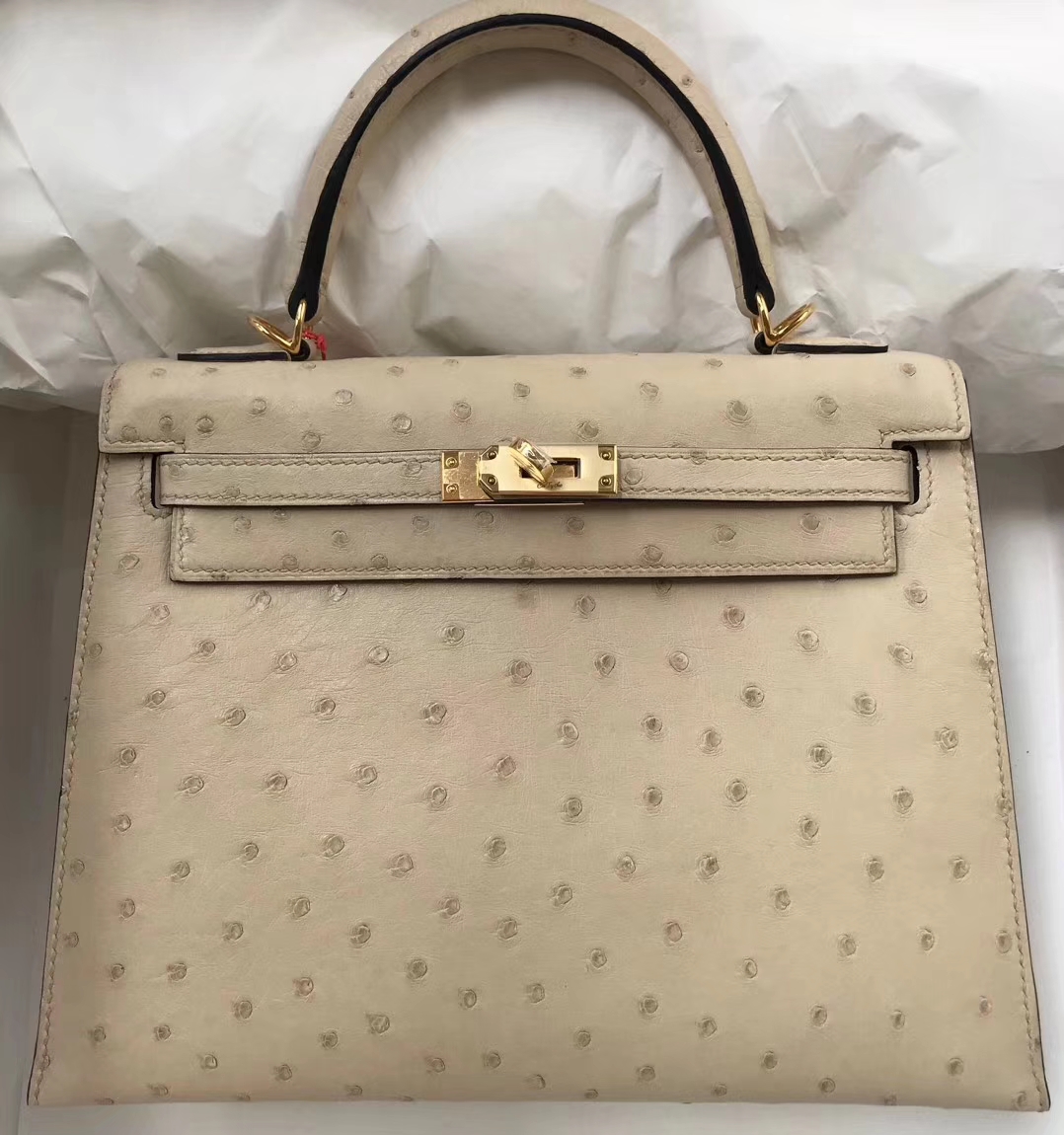 Hand Stitching Hermes 3C Wool White Ostrich Leather Kelly Bag28CM Gold Hardware
