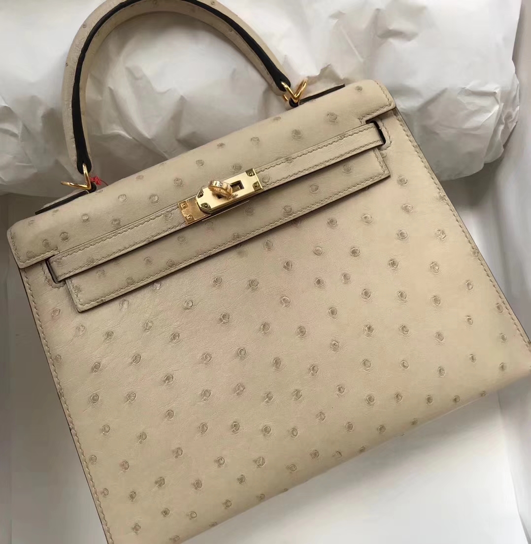 Hand Stitching Hermes 3C Wool White Ostrich Leather Kelly Bag28CM Gold Hardware