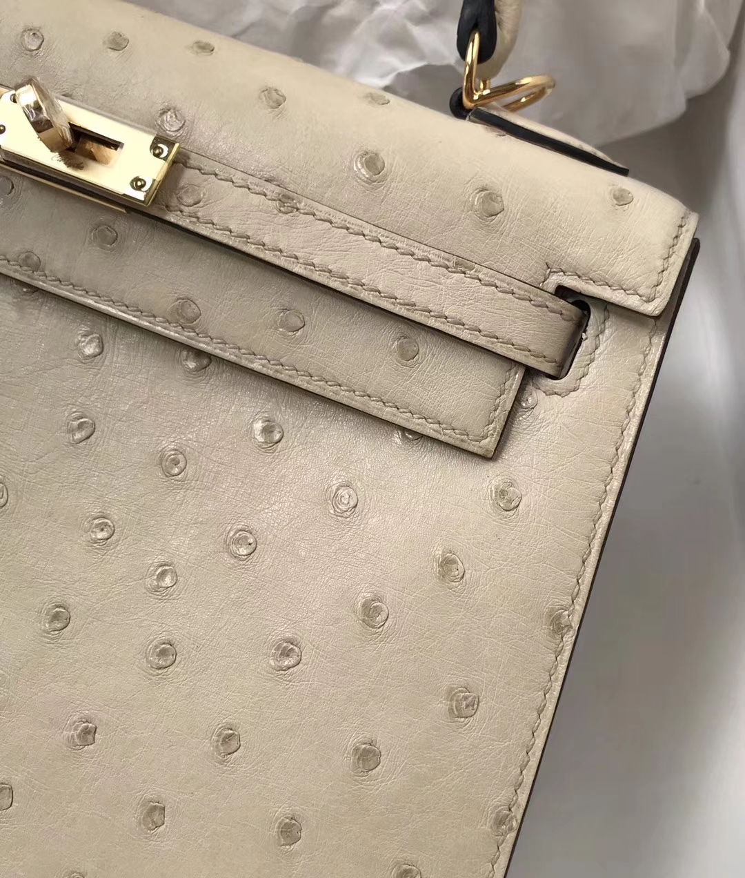 Hand Stitching Hermes 3C Wool White Ostrich Leather Kelly Bag28CM Gold Hardware