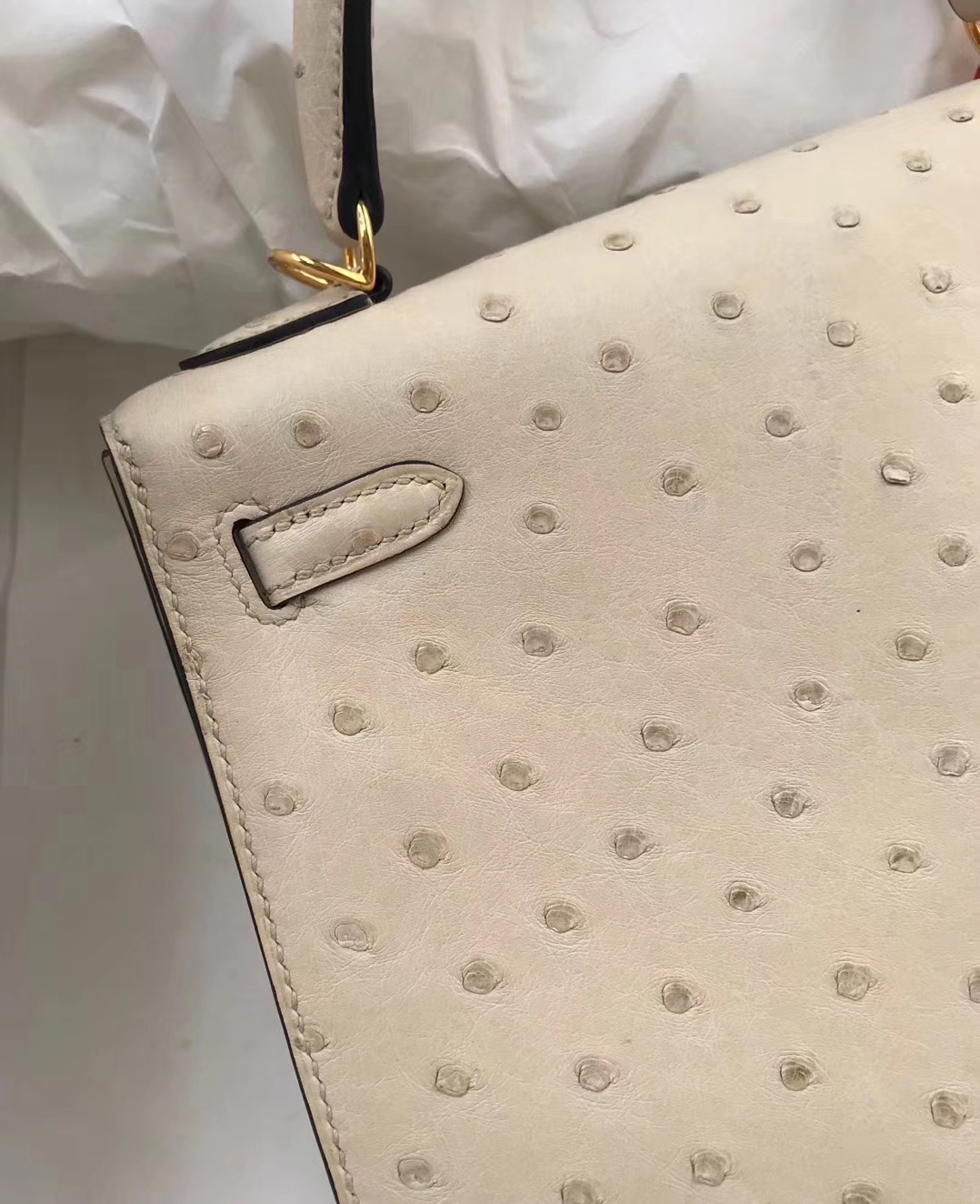 Hand Stitching Hermes 3C Wool White Ostrich Leather Kelly Bag28CM Gold Hardware
