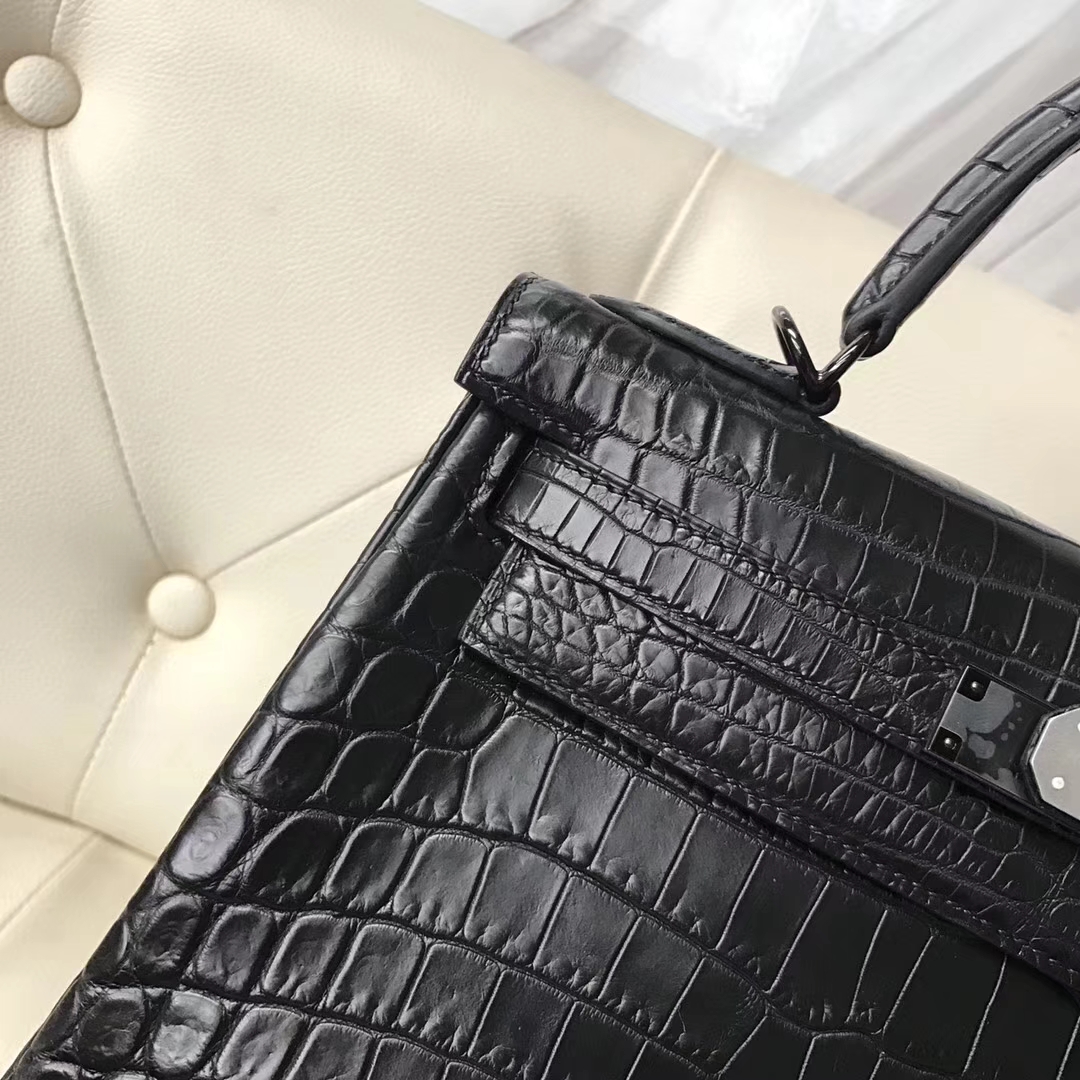 Sale Hermes CK89 Black Crocodile Matt Leather Kelly Bag28CM Black Hardware