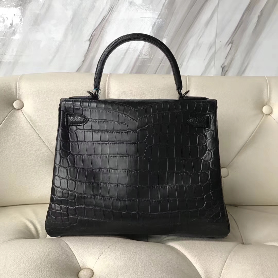 Sale Hermes CK89 Black Crocodile Matt Leather Kelly Bag28CM Black Hardware