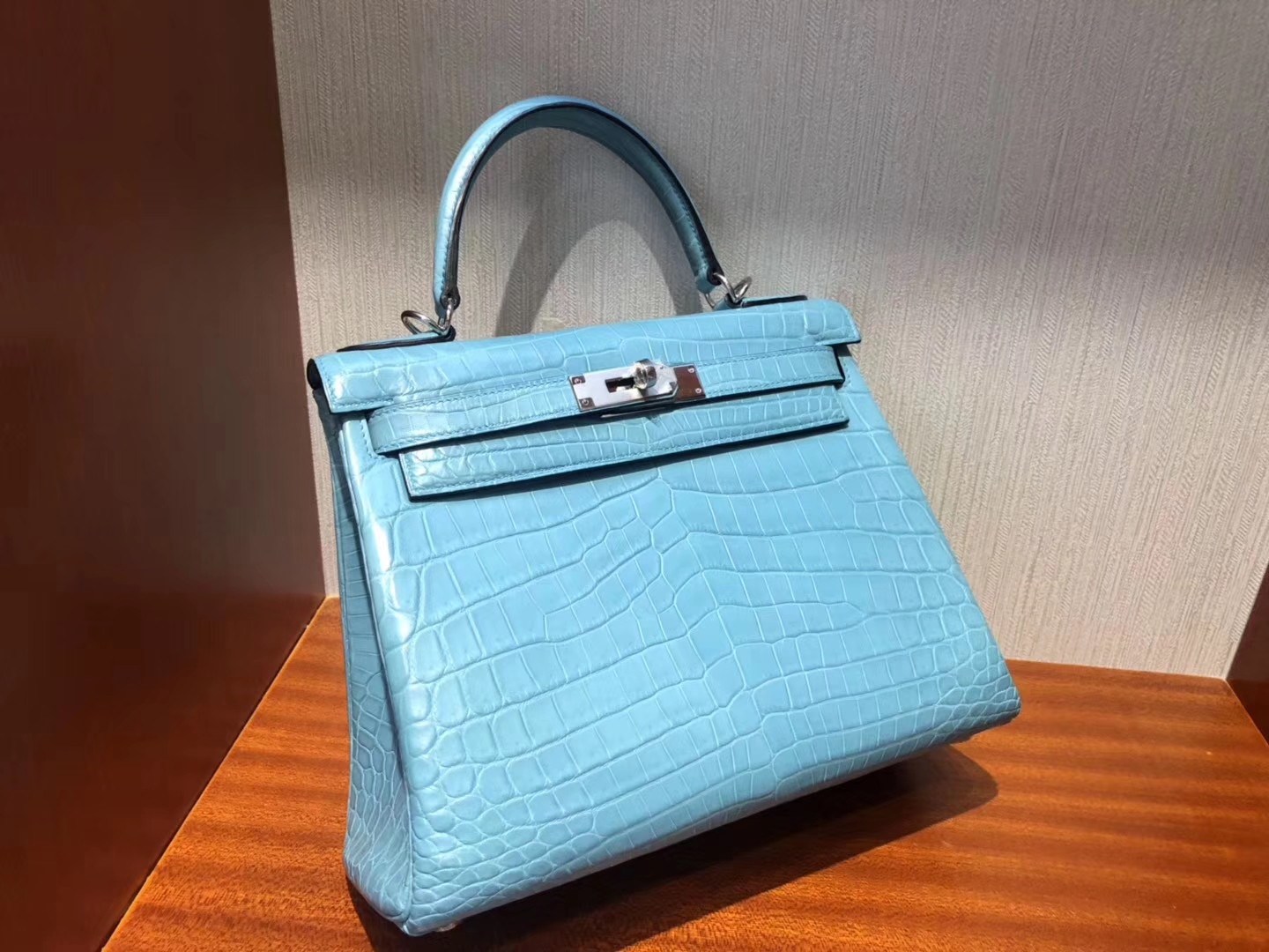 Noble Hermes 3Z Blue Saint-cyr Crocodile Matt Leather Kelly28CM Bag Silver Hardware