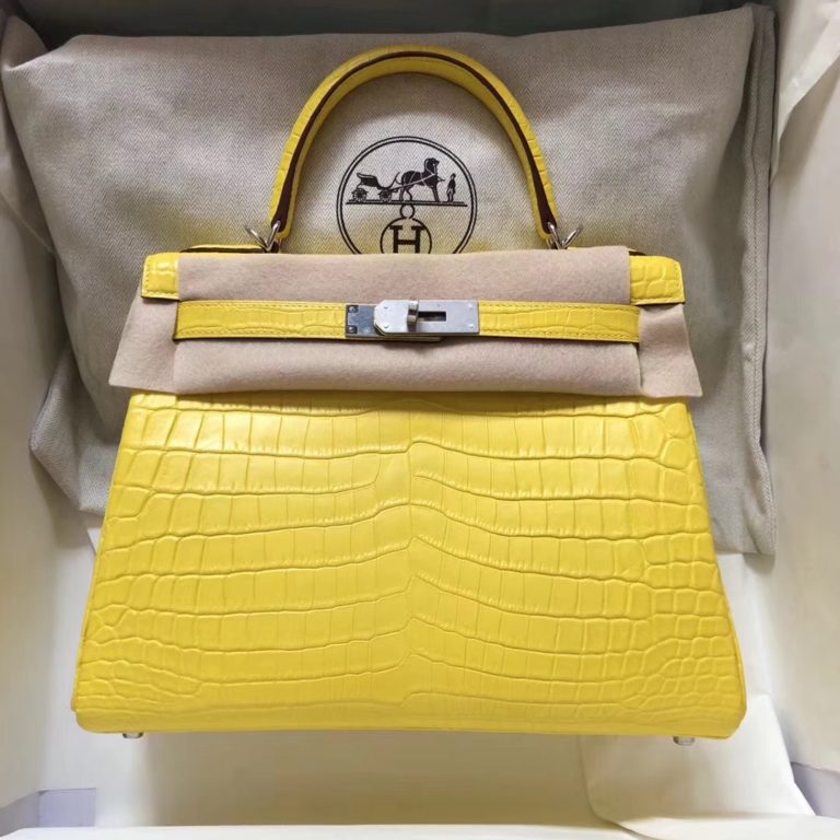 Hermes Matt Crocodile Leather Kelly 28CM Bag in 9R Lemone Yellow Silver Hardware