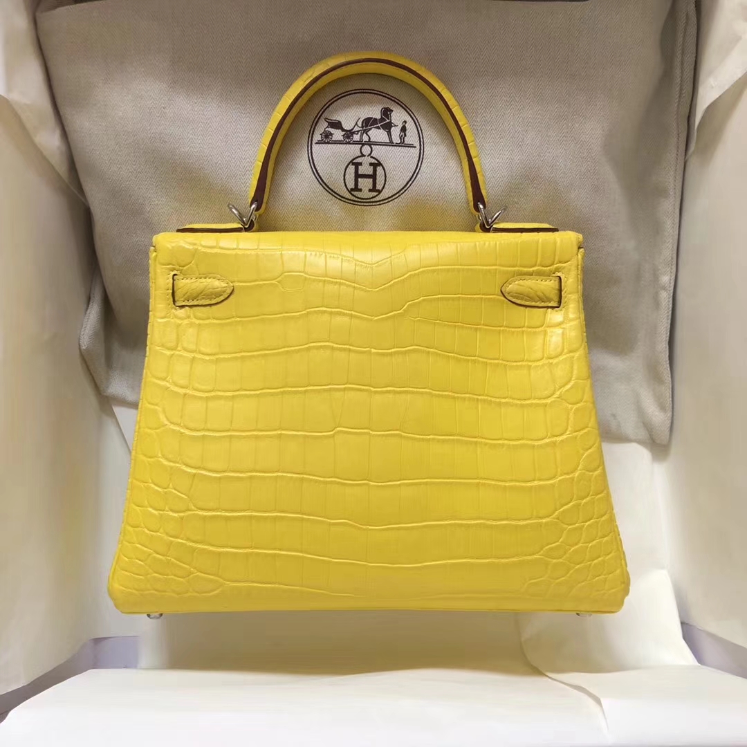 Wholesale Hermes Matt Crocodile Leather Kelly28CM Bag in 9R Lemone Yellow Silver Hardware