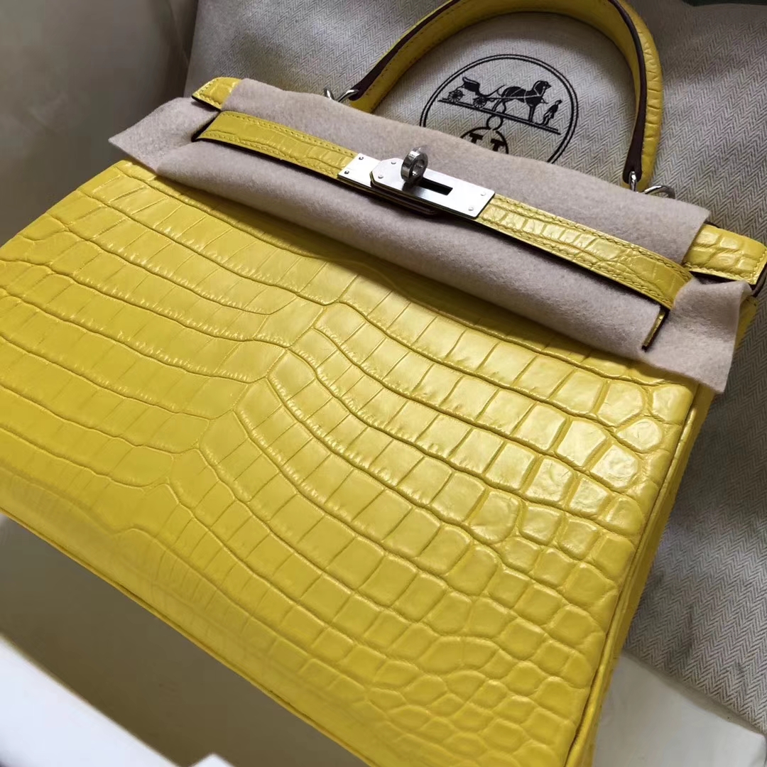 Wholesale Hermes Matt Crocodile Leather Kelly28CM Bag in 9R Lemone Yellow Silver Hardware