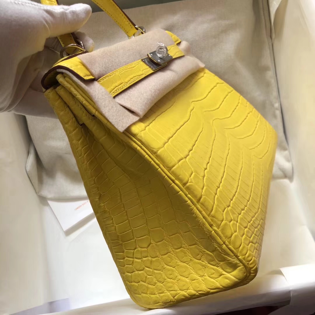 Wholesale Hermes Matt Crocodile Leather Kelly28CM Bag in 9R Lemone Yellow Silver Hardware
