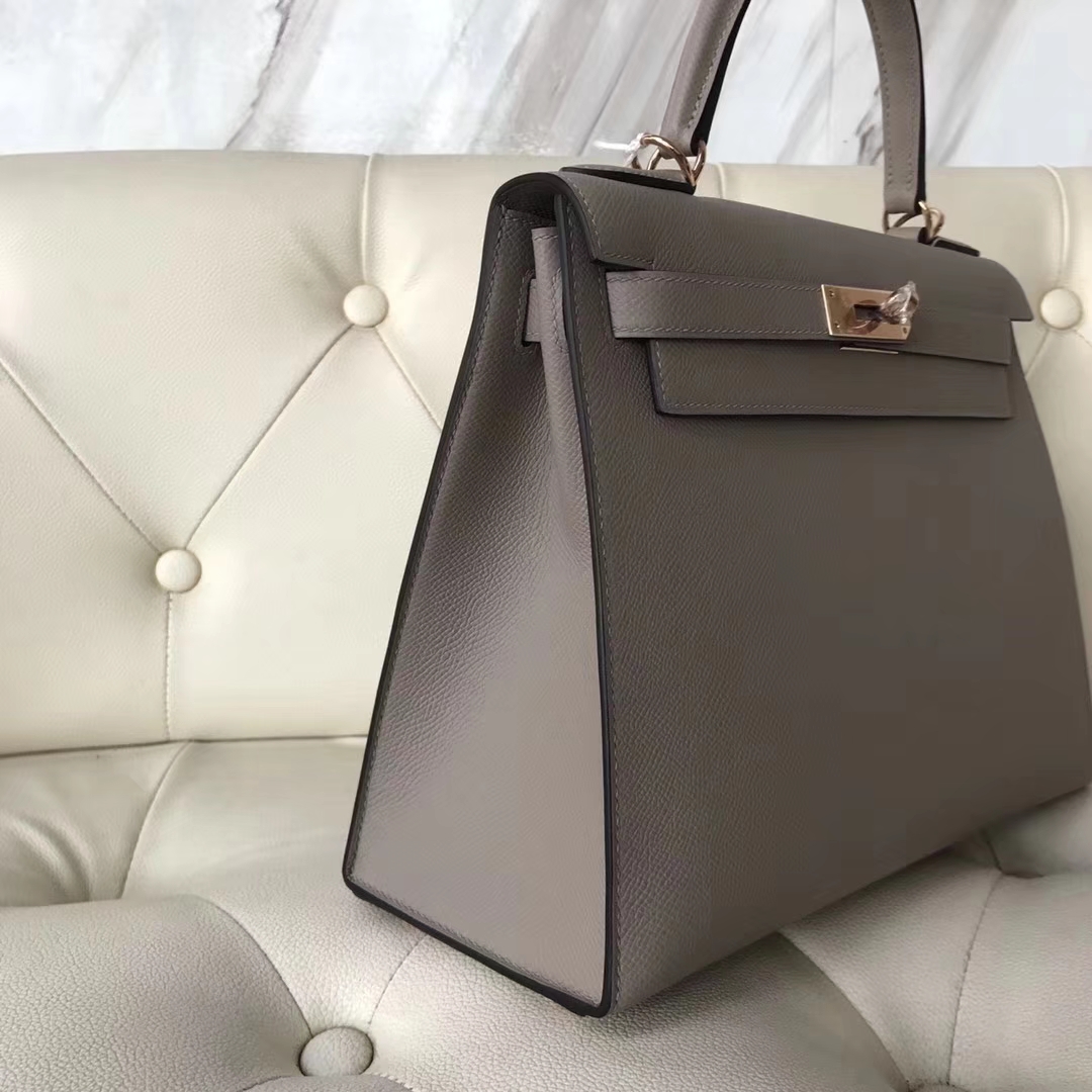 Discount Hermes M8 Gris Ashpite/Wine Red inner Epsom Calf Kelly Bag28CM Rose Gold Hardware