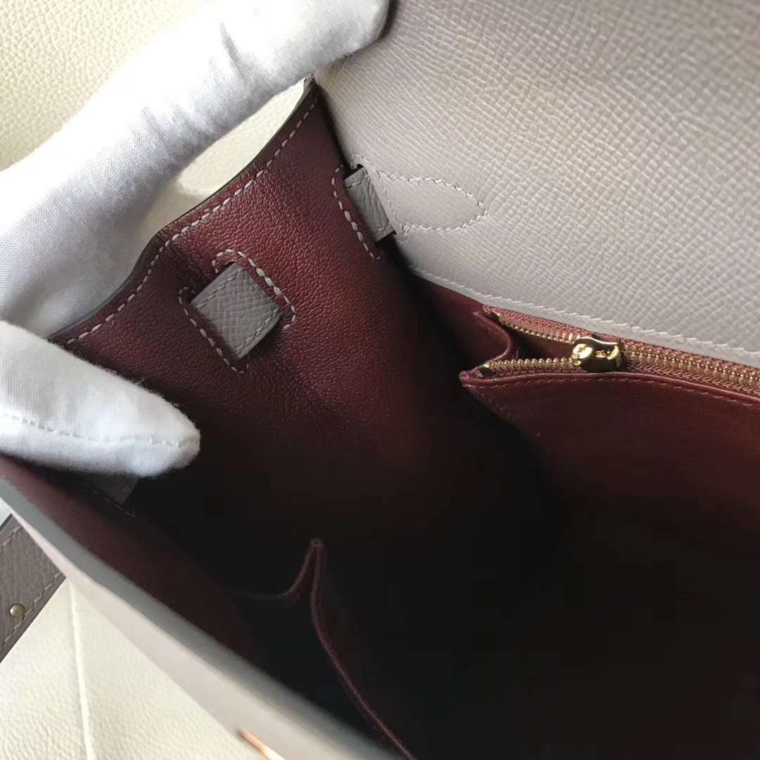 Discount Hermes M8 Gris Ashpite/Wine Red inner Epsom Calf Kelly Bag28CM Rose Gold Hardware