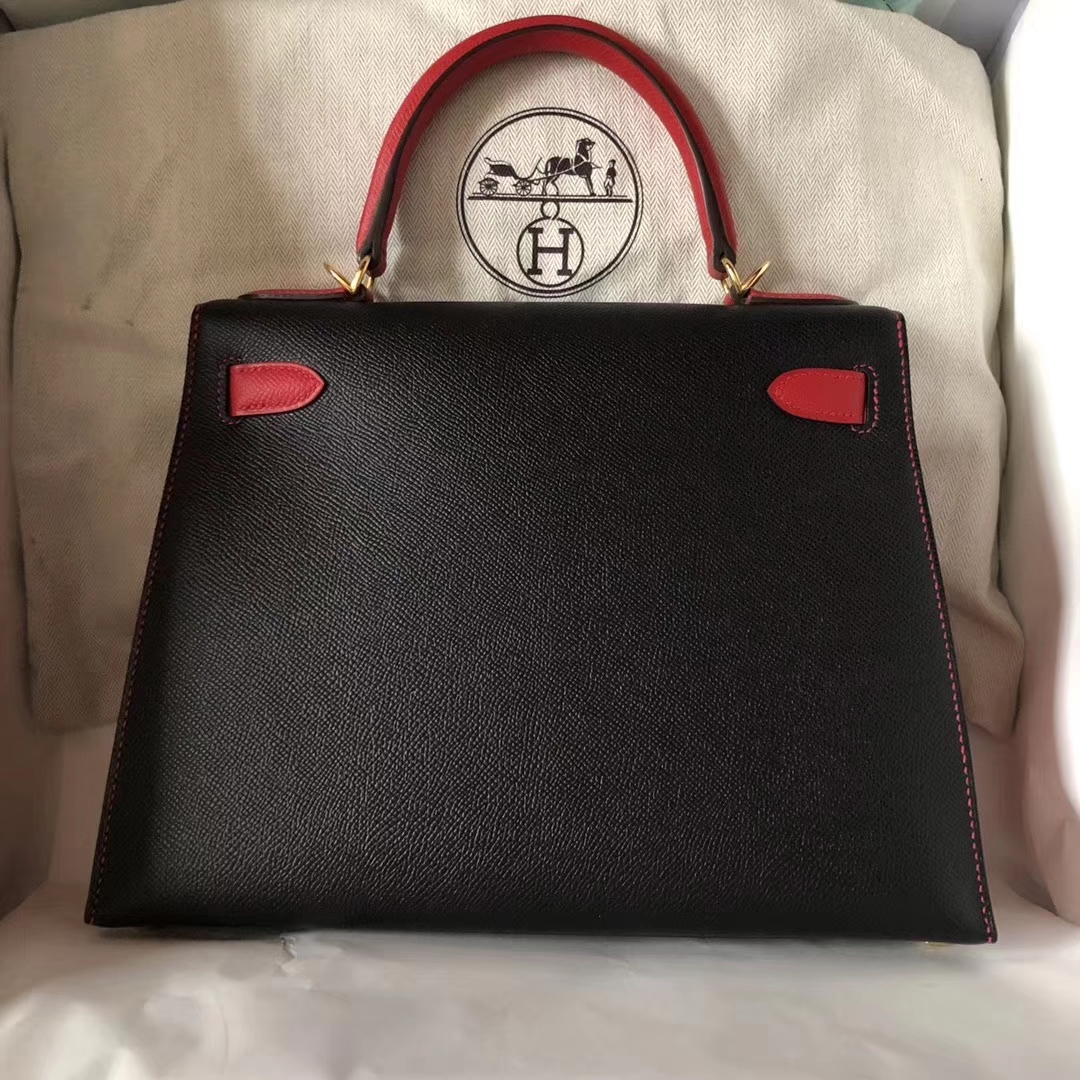 Discount Hermes Epsom Calf Kelly28CM Bag in CK89 Black/Q5 Rouge Casaque Gold Hardware