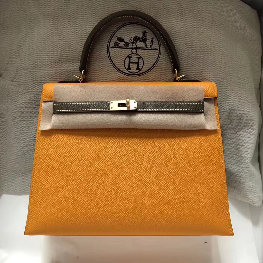 Wholesale Hermes 9V Jaune d’or/CK18 Etoupe Grey Epsom Calf Kelly Bag28CM Gold Hardware