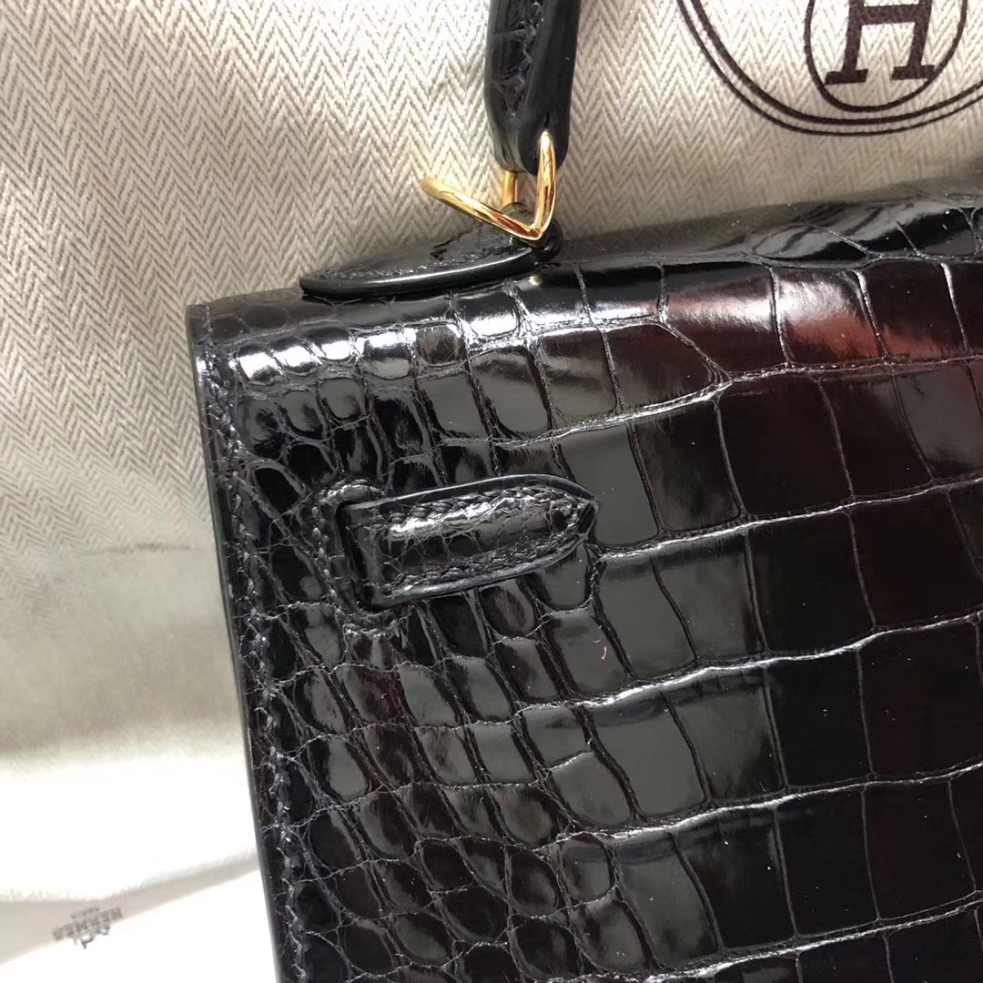 Sale Hermes CK89 Black Shiny Alligator Crocodile Kelly28CM Bag Gold Hardware